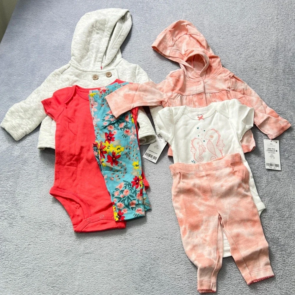 Carter's Baby Girl‎ 3M & 6M Outfit Bundle 2 Three-Piece Sets Hoodies Bodysuits